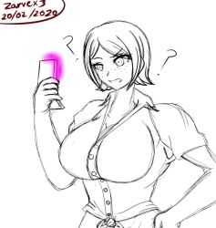  animated animated_gif breast_expansion breasts cleavage confused dangan_ronpa drool empty_eyes erect_nipples femsub freckles huge_breasts monochrome mukuro_ikusaba open_mouth phone preview short_hair signature simple_background sketch tech_control text white_background zarvex3 