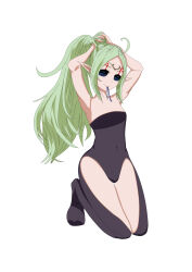  absurdres alternate_costume arms_above_head baby_(dragon_ball) bare_shoulders blue_eyes body_markings bodysuit corruption crown dragon_ball dragon_ball_gt elf_ears empty_eyes femsub fire_emblem fire_emblem_awakening flat_chest green_hair hair_ribbon happy_trance jewelry kneeling long_hair looking_at_viewer mouth_hold nintendo nowi parasite possession ravensama1 ribbon smile solo thighs tuffleization white_background 