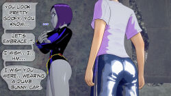 angry breasts covering dc_comics dialogue dogdog english_text femsub grey_skin nipples purple_eyes purple_hair raven text time_stop torn_clothes