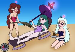 angie_diaz beach brown_hair curly_hair disney eclipsa_butterfly femdom femsub green_hair happy_trance kneeling lipstick long_hair magic_wand milf moon_butterfly one-piece_swimsuit ordeper_arts red_eyes resisting silver_hair smile spiral_eyes star_vs_the_forces_of_evil swimsuit tied_hair umbrella
