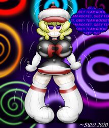  blonde_hair breasts domino_(pokemon) female_only femsub happy_trance hat inflatable large_breasts mantra nintendo pokemon pokemon:_mewtwo_returns pokemon_(anime) solo spiral_eyes superweirdman symbol_in_eyes team_rocket text thought_bubble 