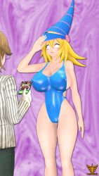  3d absurdres alternate_costume bare_legs blonde_hair breasts brown_hair cameltoe cleavage clothed collarbone dark_magician_girl empty_eyes erect_nipples_under_clothes femsub glasses happy_trance huge_breasts large_breasts latinkaixa long_hair maledom one-piece_swimsuit open_mouth pants saluting shirt signature simple_background standing standing_at_attention swimsuit tagme whitewash_eyes yu-gi-oh! 