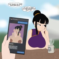  absurdres bimbofication black_eyes black_hair brain_drain breast_expansion breasts bulma_briefs chichi dragon_ball earrings english_text eyeshadow female_pov femsub goku heterosexual huge_breasts huge_cock husband_and_wife licking lip_expansion lipstick makeup mind_break outdoors paizuri penis phone pov tagme text texting thesalazar thought_bubble tongue 