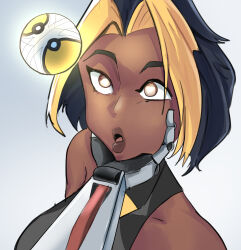  balls dark_skin domina_(overwatch) empty_eyes femsub glatu glowing_eyes hand_on_another's_cheek large_breasts large_lips multicolored_hair open_mouth overwatch short_hair tech_control white_background zenyatta 