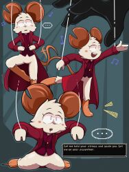  absurdres androgynous_dom aware blush body_control clothed cookieninja_139 dancing dialogue drool english_text femsub furry grinnsly_(mina_the_hollower) happy_trance human_puppet mina_(mina_the_hollower) mina_the_hollower mouse_girl music puppet shrunken_irises tail text 