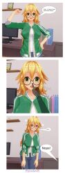  3d blonde_hair bubble cat_nap_(hypnolordx) comic custom_maid_3d_2 dialogue drool femsub glasses green_eyes humor hypnolordx large_breasts sparkle spiral_eyes symbol_in_eyes text trigger 