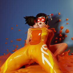  3d barefoot black_hair bodysuit breast_grab breasts brown_hair cameltoe dazed drool erect_nipples female_only femdom femsub glowing_eyes hand_on_another&#039;s_cheek kneeling latex mei_(overwatch) multiple_girls open_mouth overwatch rubber seriiif+ short_hair slime smile spiral_eyes spread_legs tied_hair tight_clothing tracer visor 