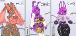  absurdres breasts bulge bunny_boy bunny_ears clothed clothed_exposure comic corset crop_top dialogue english_text furry jacket leopard_print long_hair long_skirt lopunny malesub mechanical_arm metiore nintendo office_lady original pink_hair pink_lipstick pokemon puckered_lips purple_skin short_hair skirt speech_bubble tail tech_control text thong 