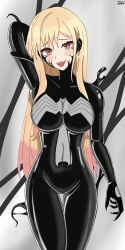  blonde_hair blush bodysuit corruption crossover earrings eyeshadow fangs female_only femsub gomura_kumachi happy_trance latex living_costume long_hair looking_at_viewer makeup marin_kitagawa marvel_comics multicolored_hair my_dress-up_darling open_mouth pink_eyes rubber signature slime solo spider-man_(series) symbiote tongue venom_(marvel) 