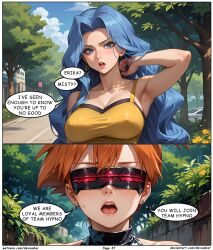 ai_art blue_hair devianbar dialogue femsub happy_trance karen_(pokemon) large_breasts latex long_hair misty nintendo orange_hair pokemon short_hair team_hypno tech_control text visor