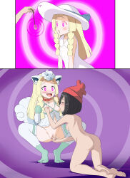  absurdres alolan_vulpix animal_ears ass babydoll bare_legs barefoot black_hair blonde_hair blush bottomless braid breast_grab breast_sucking breasts breasts_outside butt_plug cat_pose collar collarbone comic costume crouching dazed dog_pose dress drool erect_nipples expressionless feet female_only femdom femsub fingering fox_ears frills gloves glowing glowing_eyes groping hair_ornament happy_trance hat heart heart_eyes lace large_breasts large_hips leaning_forward legs lillie_(pokemon) lingerie long_hair midriff multiple_girls multiple_tails nintendo nipple_tweak nipples no_bra no_panties nude open_mouth opera_gloves pendulum pet_play pink_eyes pokemon pokemon_(creature) pokemon_sun_and_moon pussy selene_(pokemon) short_hair simple_background smile socks spiral_background spiral_eyes spread_legs squatting symbol_in_eyes tail thick_thighs thighhighs tongue tongue_out topless twin_braids twintails unholysoul very_long_hair vulpix white_panties yuri 
