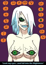 black_sclera breasts danemis doudile empty_eyes evil_smile femdom green_eyes hair_covering_one_eye halloween hypnotic_breasts hypnotic_eyes large_breasts looking_at_viewer multiple_eyes nightmare_fuel open_mouth original pumpkin smile text watermark white_hair witch