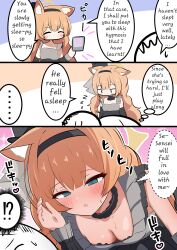 absurdres animal_ears blue_archive blue_eyes blush choker cleavage comic consensual failed_hypnosis femdom hair_band halo hard_translated heart kakapomilk long_hair malesub mari_(blue_archive) orange_hair sensei_(blue_archive) sleep_command sleeping text wholesome