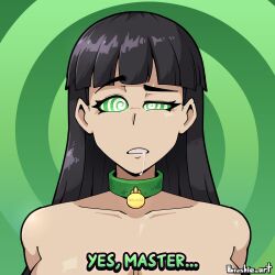  bangs bare_shoulders black_hair brushie_art collar collarbone convenient_censoring dog_tags drool eyebrows_visible_through_hair female_only femsub green_background green_eyes heavy_eyelids helena_knight_(amateurthrowaway) large_breasts long_hair looking_at_viewer nude original solo spiral_background spiralwash_eyes text topless 