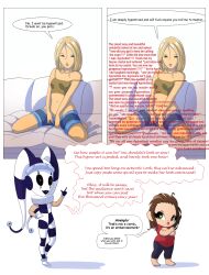  barefoot blonde_hair brown_hair chibi chubby clothed comic dialogue dina-m dina-m_(character) female_only femsub humor leggings manip open_mouth original semi_creepy_jester_girl_(dina-m) spiral_eyes symbol_in_eyes text 