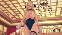 aware blonde_hair bottomless breasts bunny_ears bunnysuit choker clothed clothed_exposure cynthia dialogue english_text female_only fishnets grey_eyes hair_covering_one_eye mustardsauce necklace nintendo nude pasties pokemon pokemon_(anime) solo star_pasties text topless