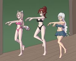 bikini bikini_bottom bikini_top brown_hair character_request elf_ears femsub happy_trance light_skin long_hair multiple_girls multiple_subs mythkaz original raccoon_girl tagme white_hair zombie_walk