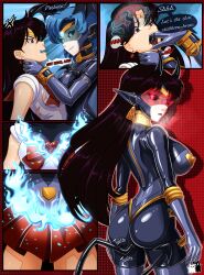 black_sclera blue_eyes blue_hair character_request elf_ears female_only femdom femsub horns hypnotized_dom long_hair multiple_girls multiple_subs red_eyes rosvo sailor_mars sailor_mercury sailor_moon_(series) spiral tail text visor