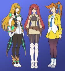  ace_attorney athena_cykes blonde_hair breasts capcom clothed crossover female_only femsub fire_emblem fire_emblem_awakening harem katsiika large_breasts long_hair multiple_girls multiple_subs mythra_(xenoblade) nintendo orange_hair pantyhose ponytail red_hair severa_(fire_emblem) simple_background spiral_eyes standing standing_at_attention tie twintails xenoblade_chronicles xenoblade_chronicles_2 