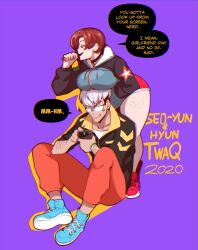 breasts cell_phone dae_seo-yun_(thiccwithaq) freckles glasses hyun_(thiccwithaq) large_breasts original red_hair short_hair shorts sitting sneakers text thiccwithaq tomboy white_hair