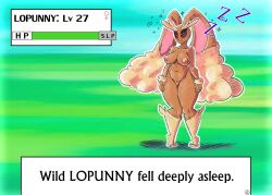  blush bottomless breasts bunny_girl female_only femsub furry happy_trance iamaneagle knees_together large_breasts lopunny nintendo nude pokemon pokemon_(creature) solo standing standing_at_attention text topless 