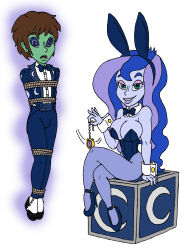 animal_ears blue_hair blue_skin bondage breasts brown_hair bunny_ears bunnysuit cleavage cuffs doctor-awkward equestria_girls femdom frost_d_tart_(starvagrant) large_breasts long_hair malesub my_little_pony open_mouth original pocket_watch princess_luna rope short_hair spiral_eyes suit symbol_in_eyes