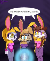  alternate_costume alternate_hairstyle blonde_hair brown_hair bunnie_rabbot bunny_girl crystal dialogue dr._chaos expressionless female_only femsub furry multiple_persona multiple_subs open_mouth prosthetic_limb saluting shrunken_irises sonic_the_hedgehog_(series) standing standing_at_attention tech_control text 