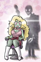 bimbofication blonde_hair confused femsub green_skin large_breasts mr-dna original pink_eyes tagme