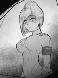  akuochiteki arm_bands blue_eyes breasts capcom empty_eyes expressionless female_only femsub gloves greyscale hat leotard shadaloo_dolls short_hair shoulder_pads solo standing street_fighter tie unhappy_trance 