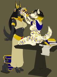 barefoot black_hair blonde_hair book bottomless breasts dog_girl egyptian female_only femdom femsub furry happy_trance kaa_eyes kneeling large_breasts mask mccrazy midriff multicolored_hair non-human_feet original short_hair topless