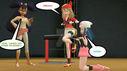 3d black_hair blue_hair brown_hair dawn_(pokemon) dialogue femdom femsub iris_(pokemon) latinkaixa long_hair may_(pokemon) nintendo pet_play pokemon short_hair text 