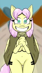 alternate_hairstyle bottomless breasts female_only femsub fluttershy furry happy_trance horse_girl large_breasts looking_at_viewer my_little_pony pink_hair smile wings
