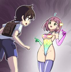 aka_(artist) breasts brown_hair collar femsub florian_(pokemon) gloves hair_ornament happy_trance huge_breasts lacey_(pokemon) leotard malamar malamar_outfit mega_malamar nintendo open_mouth pink_hair pokemon pokemon_scarlet_and_violet short_hair shota smile surprised swimsuit thighhighs yellow_eyes