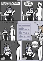  absurdres androgynous_sub brain_dead_retail_(series) breasts brown_hair chair chloe_(kilroylucy18) cleavage comic confused dialogue english_text from_behind greyscale humor hypnotic_orb kilroylucy18 large_breasts long_hair monochrome naked_apron nessi_(kilroylucy18) original sitting speech_bubble spiral_eyes symbol table tagme tech_control text 
