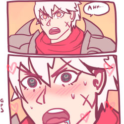  abs blush body_markings clothed control_indicator drool empty_eyes english_text gatopescado3 league_of_legends love maledom malesub open_mouth orange_eyes possession ruination shen_(league_of_legends) short_hair speech_bubble symbol text viego_(league_of_legends) white_hair yaoi zed_(league_of_legends) 