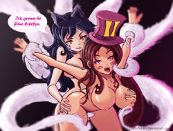 ahri_(league_of_legends) animal_ears black_hair bottomless breasts brown_hair caitlyn_(league_of_legends) charm_(spell) female_only femdom femsub groping hat heart heart_eyes hypnotic_tail large_breasts league_of_legends lilith-fetish long_hair nude open_mouth prehensile_tail symbol_in_eyes tail tail_holding tentacles text topless yuri
