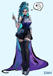 236h alternate_costume alternate_hair_color arm_bands bare_shoulders blue_background blue_hair blush bracelet breasts character_request corruption earrings english_text evil_smile femsub happy_trance heart league_of_legends maledom multicolored_hair ponytail possession purple_hair seraphine_(league_of_legends) simple_background skirt smile speech_bubble standing text thighhighs very_long_hair