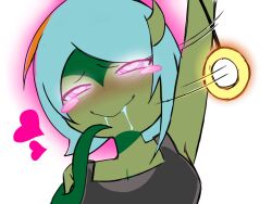  androgynous_sub aura blue_hair blush breasts drool green_skin happy_trance heart heart_eyes looking_at_viewer lune_(rjoes) non-binary non-binary_sub original pendulum rjoes short_hair simple_background smile symbol symbol_in_eyes white_background 