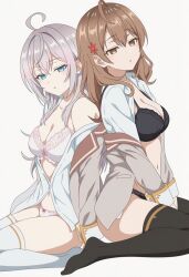  ahoge alisa_mikhailovna_kujou alya_sometimes_hides_her_feelings_in_russian artist_request blue_eyes bra brown_eyes brown_hair cherrykujou clothed dazed empty_eyes expressionless eyebrows_visible_through_hair female_only femsub flower flower_in_hair hair_ornament maria_mikhailovna_kujou open_clothes panties school_uniform simple_background sisters sitting tagme thighhighs underwear white_background white_hair 