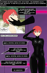 assassination_classroom bodysuit chin_hold doras_(artist) drone ed_the_mess empty_eyes femboy malesub red_hair robotization saluting speech_bubble tech_control text thought_bubble