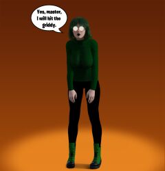  3d boots breasts clothed dazed dialogue female_only femsub fortnite green_hair green_lipstick huge_breasts humor hypnot-eyes kathy_(theheckle) leaning_forward lipstick original parody short_hair slouching solo spiral_eyes standing symbol_in_eyes text theheckle 