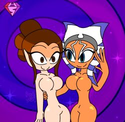  ahsoka_tano alien_girl blue_eyes brown_eyes brown_hair collarbone empty_eyes eyebrows_visible_through_hair eyelashes facial_markings femdom femsub happy_trance hypnoscream hypnotized_hypnotist jedi_mind_trick large_breasts navel nude orange_skin rey_(star_wars) ring_background shiny_hair shiny_skin shrunken_irises simple_background smile standing star_wars tied_hair togruta wide_hips 