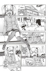 absurdres akitsuki_itsuki blonde_hair blush brother_and_sister comic femsub greyscale hard_translated incest maledom open_mouth original ribbon school_uniform sitting text tie translated twintails