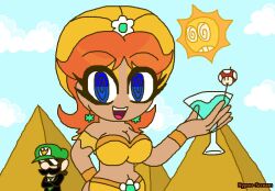 bare_shoulders blue_eyes bra cap cleavage crop_top crossed_arms earrings eyebrows_visible_through_hair eyeshadow femdom glass hand_on_hip harem_outfit hypnoscream hypnotic_eyes large_breasts looking_at_viewer luigi makeup midriff mustache navel nintendo orange_hair princess_daisy smug spiral_eyes suit sunglasses super_mario_bros. tan_skin turban wrist_band