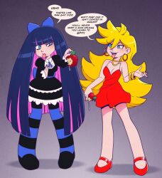  apple before_and_after blonde_hair blue_eyes blush clothed dialogue dress drool english_text eyeshadow gradient_background hair_ribbon makeup multicolored_hair multiple_girls nail_polish open_mouth panty panty_and_stocking_with_garterbelt ribbon shoes simple_background smug speech_bubble stocking text thighhighs tongue tongue_out very_long_hair wrenzephyr2 