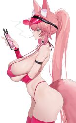  absurdres aodh_(manniper) breasts erect_nipples erect_nipples_under_clothes fate_(series) femsub fox_ears fox_girl fox_tail koyanskaya large_breasts manip nipples phone pink_eyes pink_hair simple_background smoking spiral swimsuit tech_control thighhighs toma50 