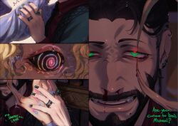  beard black_hair black_sclera blackberreh blonde_hair blood body_markings claws clothed comic dialogue distortion_(the_magnus_archives) earrings elias_bouchard english_text faceless_male glowing_eyes hypnotic_eyes jewelry jonah_magnus male_only maledom malesub michael_shelley mustache nail_polish nosebleed possession ring short_hair smile spiral_eyes text the_magnus_archives yaoi 