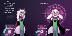 absurdres alternate_costume bare_shoulders before_and_after blue_skin blush bulge cell_phone clothed crossed_eyes deltarune dialogue drool femboy fingerless_gloves freemindstuff furry glasses gloves goat_boy happy_trance heart heart_eyes horns hypnotic_app kris_(deltarune) large_hips malesub mantra open_mouth phone pink_eyes pov pov_dom purple_background ralsei robe simple_background smile standing surprised symbol_in_eyes tech_control text thighhighs trembling white_hair white_skin 