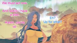 aware blue_eyes blue_hair breasts clothed dialogue drasna_(pokemon) english_text female_only karen_(pokemon) mustardsauce pokemon pokemon_(anime) text