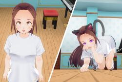  ahegao brown_eyes brown_hair cat_ears cat_girl cat_pose cat_tail crossed_eyes dazed eye_roll female_only femsub hypno_world990 open_mouth piano purple_hair shorts sneakers solo 